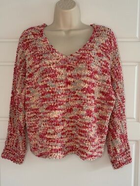 Hippie Rose Pink Multi-colored Nubby Knit Cropped V-neck Sweater Soft Size M